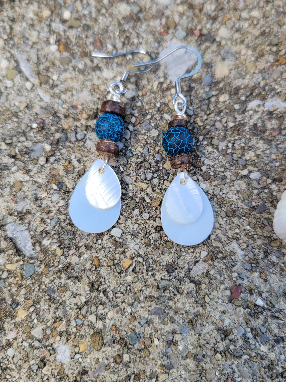 Handcrafted Blue Crackle Bead and White Shell Drop Earrings